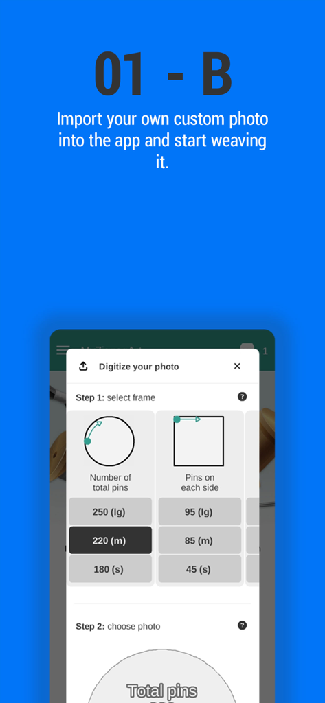 String Art DIY - A screenshot of the String Art DIY app showing the first step to digitize a custom photo by selecting a circular or square frame and the number of pins.