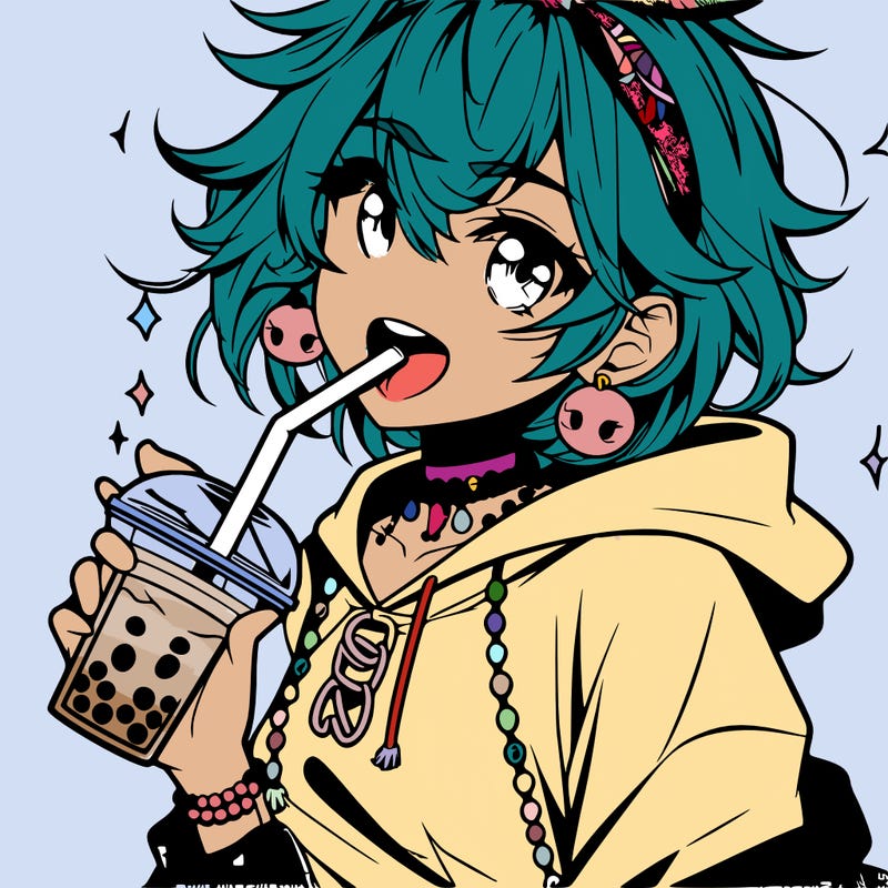 hot baddie anime girl drinking boba and biting the straw