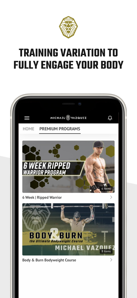 MV Fit by Michael Vazquez - The MV Fit app interface showing various premium workout programs including the 6 Week Ripped Warrior Program and Body and Burn bodyweight course.