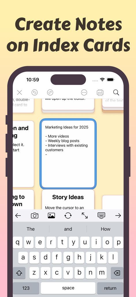 Card Buddy - Index Cards - A smartphone interface showing the Card Buddy app where a user is editing a digital index card for marketing ideas.