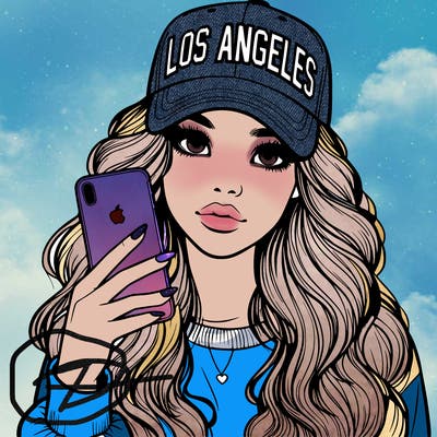 realistic beautiful girl wearing los ángeles cap holding an iphone