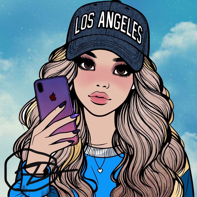 realistic beautiful girl wearing los ángeles cap holding an iphone