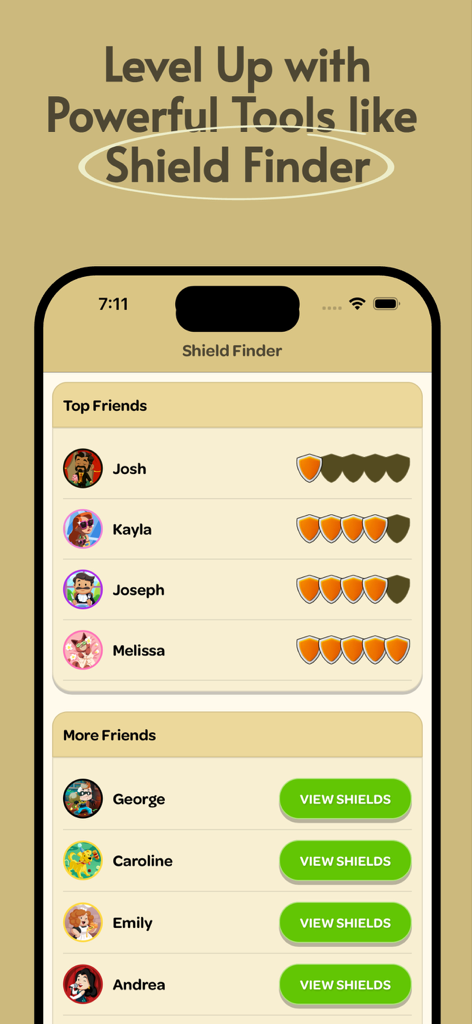 MOGO Wiki Tools - Interface of the Shield Finder tool showing friends and their current shield counts.