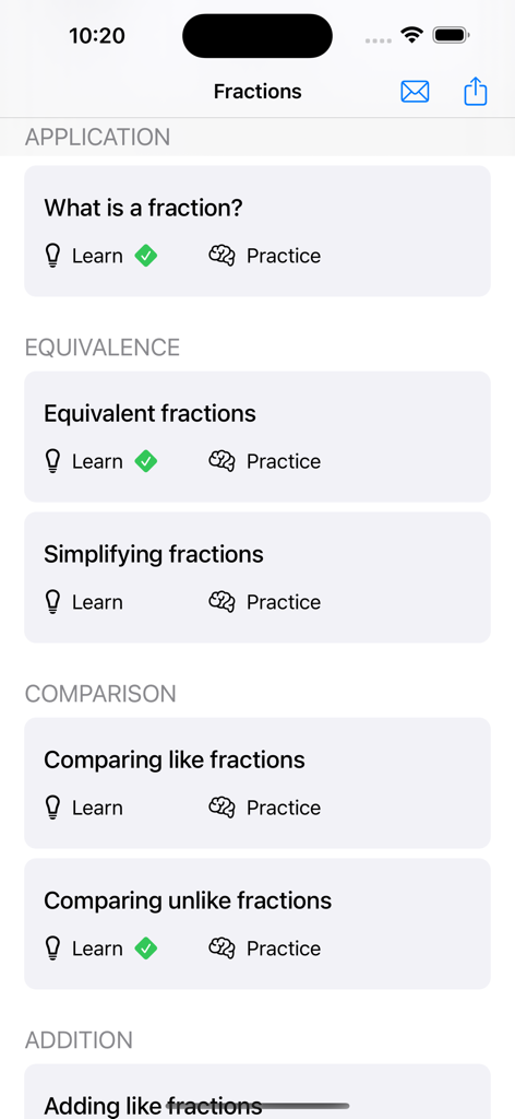 Fraction Steps: Learn Visually - Dashboard of the Fraction Steps app showing modular lessons for learning and practicing fractions