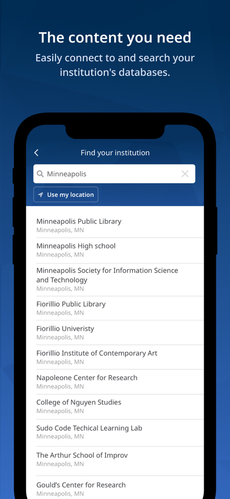 EBSCO Mobile - A smartphone screen showing the EBSCO Mobile app interface for finding an academic or public library institution via a search for Minneapolis.