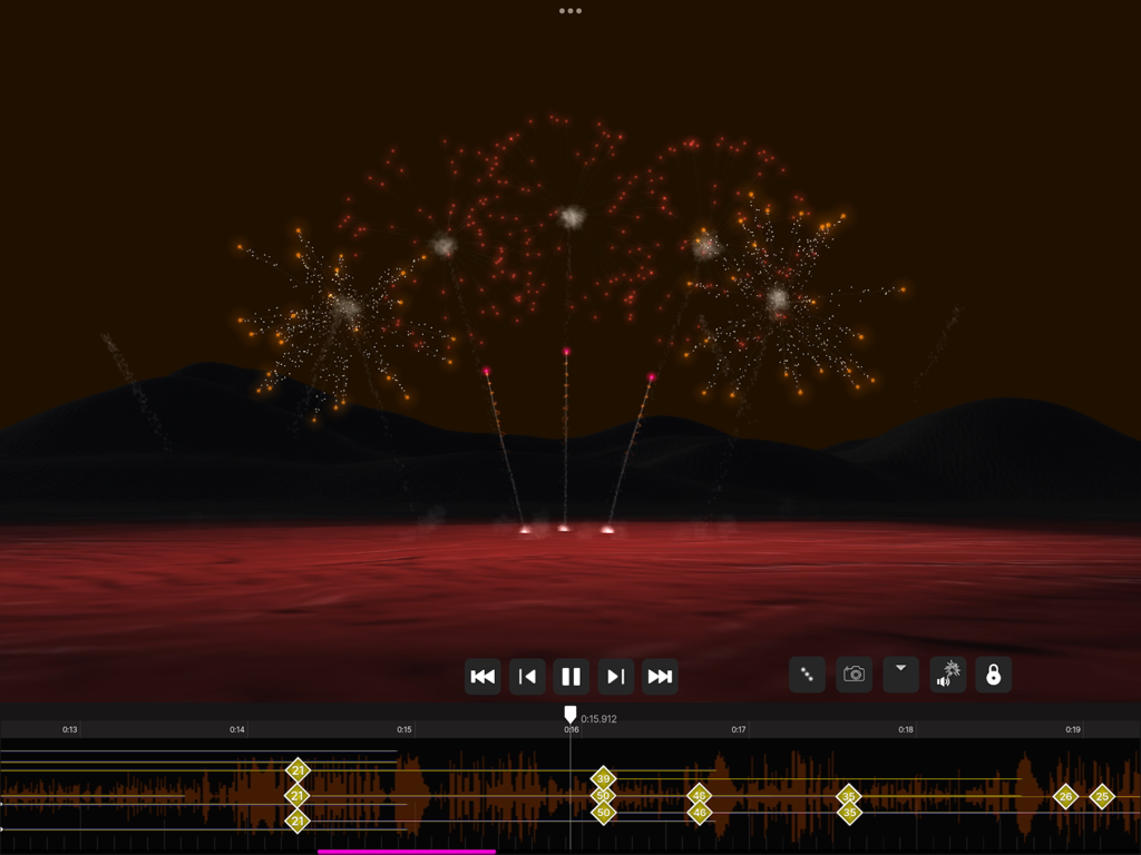 A screenshot of Pyro Simulator showing a fireworks display synchronized with a music timeline.
