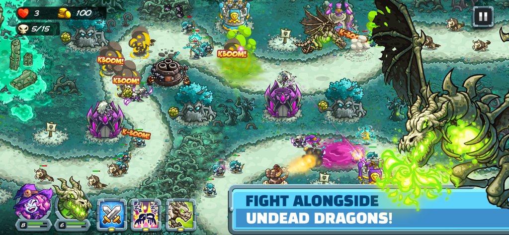 Kingdom Rush 5: Alliance TD - Una batalla de defensa de torres en Kingdom Rush 5 Alliance presentando un gran dragón no muerto lanzando fuego verde y jugabilidad de héroes duales.