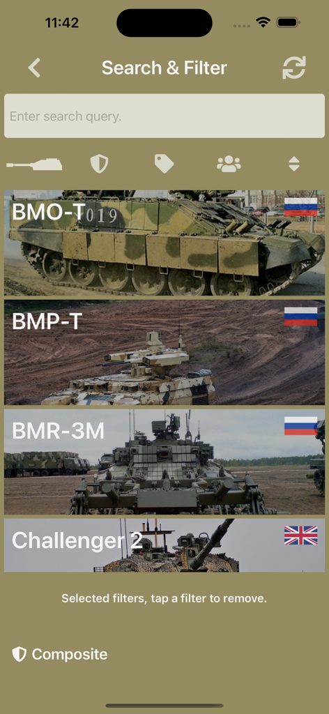 A screenshot of the AFV Recognition app search and filter screen showing a list of armored vehicles