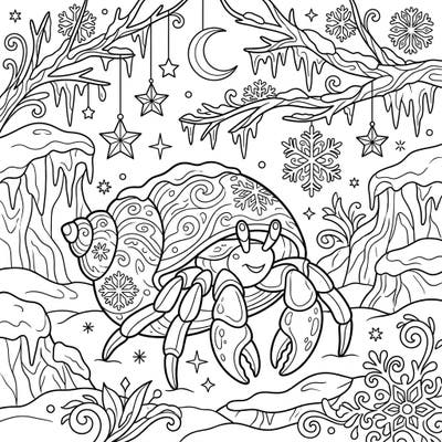 Embark on a delightful coloring journey with this charming hermit crab, nestled cozily in a magical winter wonderland. This unique design, featuring intricate snowflakes and icy details, is perfect for teens seeking a creative frosty escape.