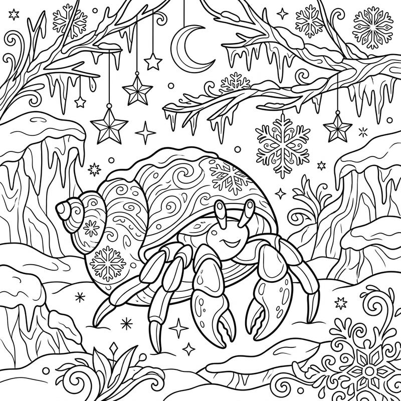 Embark on a delightful coloring journey with this charming hermit crab, nestled cozily in a magical winter wonderland. This unique design, featuring intricate snowflakes and icy details, is perfect for teens seeking a creative frosty escape.