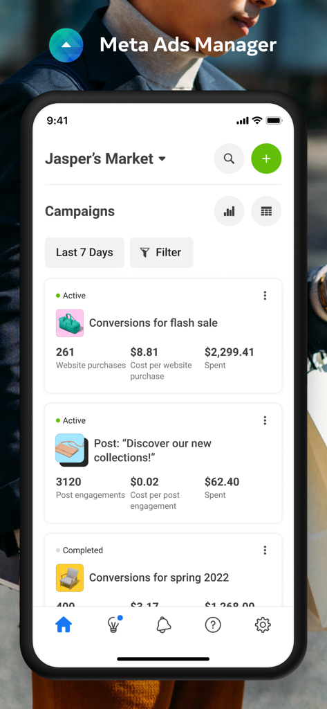 A mobile screen showing the Meta Ads Manager app dashboard with active campaign metrics like cost per website purchase and total spend.