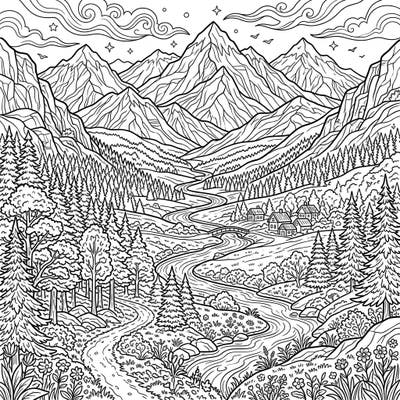 Embark on a tranquil coloring journey with this stunning nature landscape. Explore majestic mountains, a flowing river, and a charming village, perfect for relaxation and creative expression.