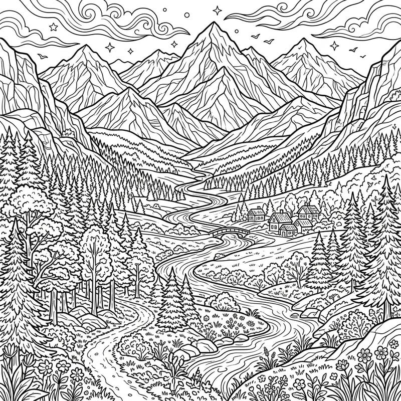 Embark on a tranquil coloring journey with this stunning nature landscape. Explore majestic mountains, a flowing river, and a charming village, perfect for relaxation and creative expression.