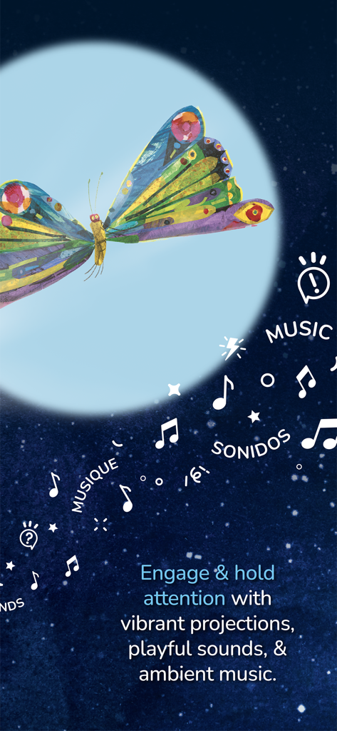 Moonlite - Storytime Projector - A colorful butterfly projection on a starry background with musical notes and sound effect labels.