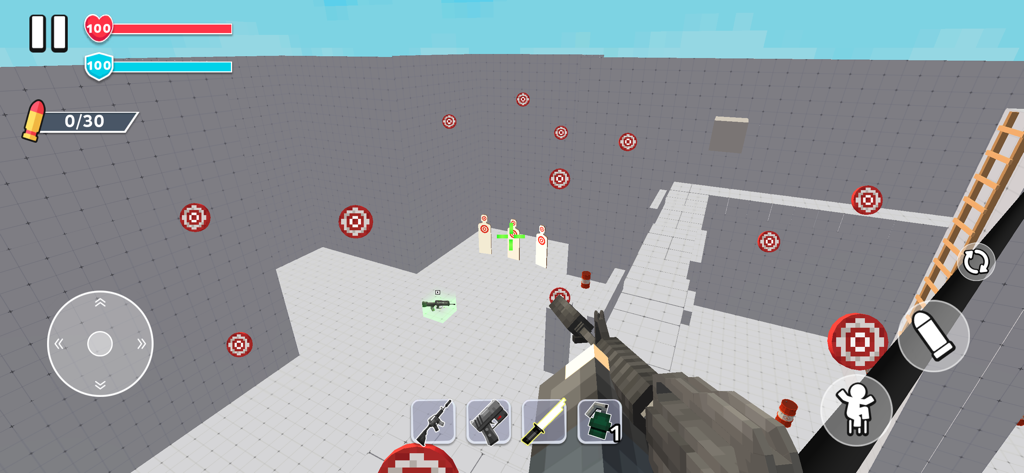 First-person view of a blocky shooter game showing a training range with red targets and voxel graphics.