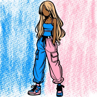 girl in baggy pants crop top and long hair