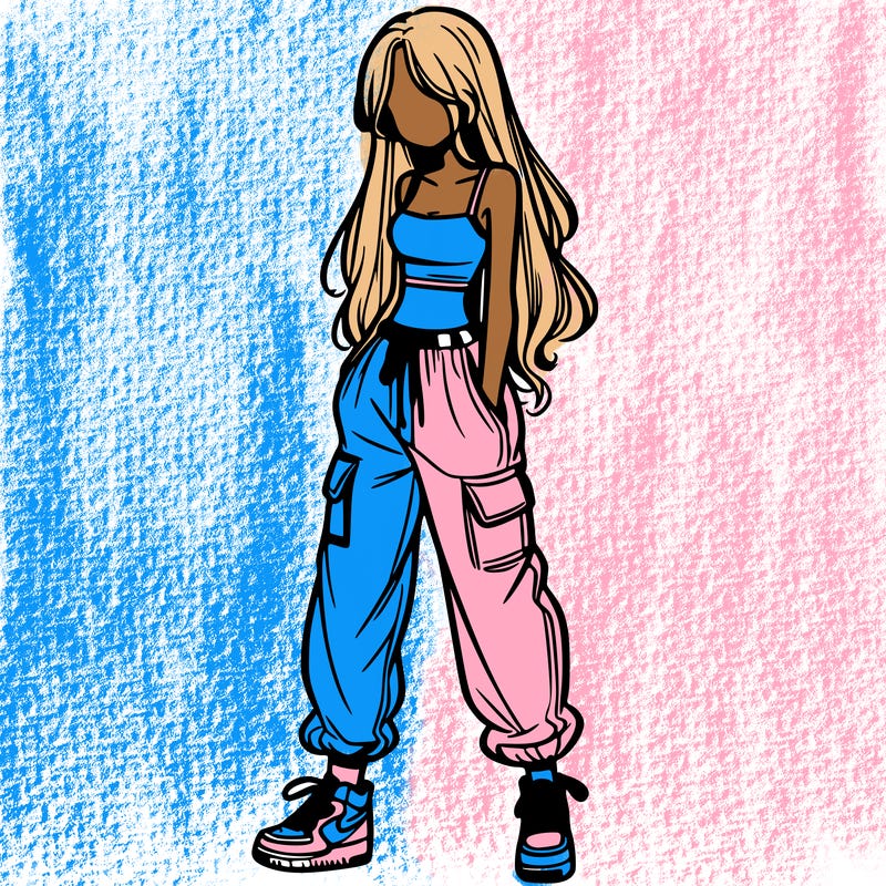 girl in baggy pants crop top and long hair