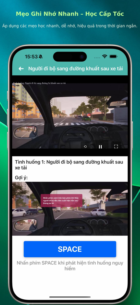 Driving simulation practice screen for Vietnamese GPLX exam featuring hazard detection training.