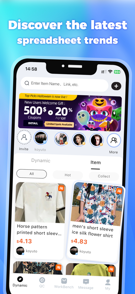 UUFinds - Mobile app interface of UUFinds showing trendy apparel and shopping spreadsheet categories