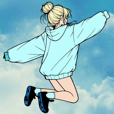 realistic girl jumping with a bun and oversized sweatshirt