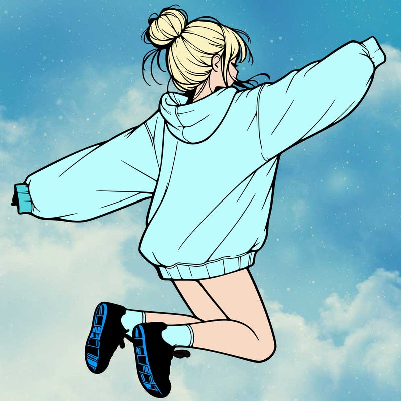 realistic girl jumping with a bun and oversized sweatshirt