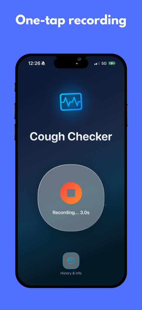 AI Cough Checker - Screenshot of the AI Cough Checker app interface showing the one-tap recording screen with a timer in progress.