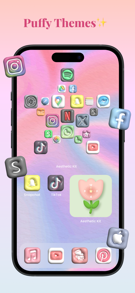 Aesthetic Kit: Photo Widget - Pantalla de inicio de iPhone personalizada con iconos de apps estéticos en 3D hinchados y un widget de reloj de tulipán