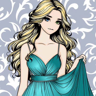 realistic girl in flowy silky prom dress