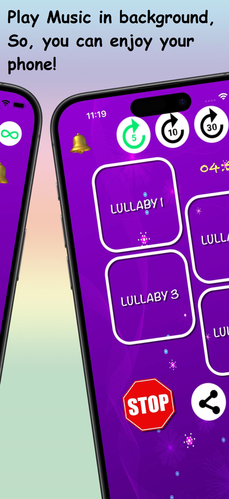 Interfaz de la aplicación Nana en la pantalla de un teléfono inteligente que muestra botones de temporizador de sueño y reproducción de música de fondo