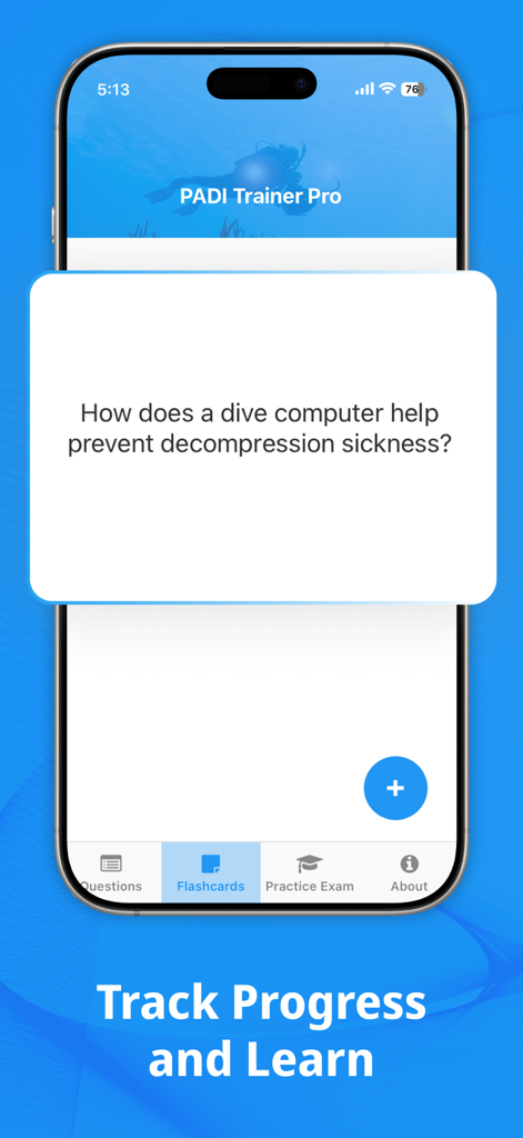 Scuba diving study flashcard from the PADI Trainer Pro app.