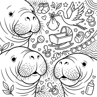 Get ready for a heartwarming coloring experience featuring adorable manatee snouts celebrating a baby shower. This delightful design is filled with sweet nursery elements, perfect for expecting parents and marine life lovers alike.