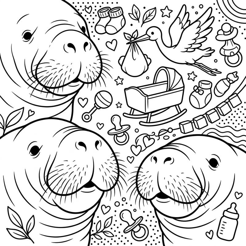 Get ready for a heartwarming coloring experience featuring adorable manatee snouts celebrating a baby shower. This delightful design is filled with sweet nursery elements, perfect for expecting parents and marine life lovers alike.