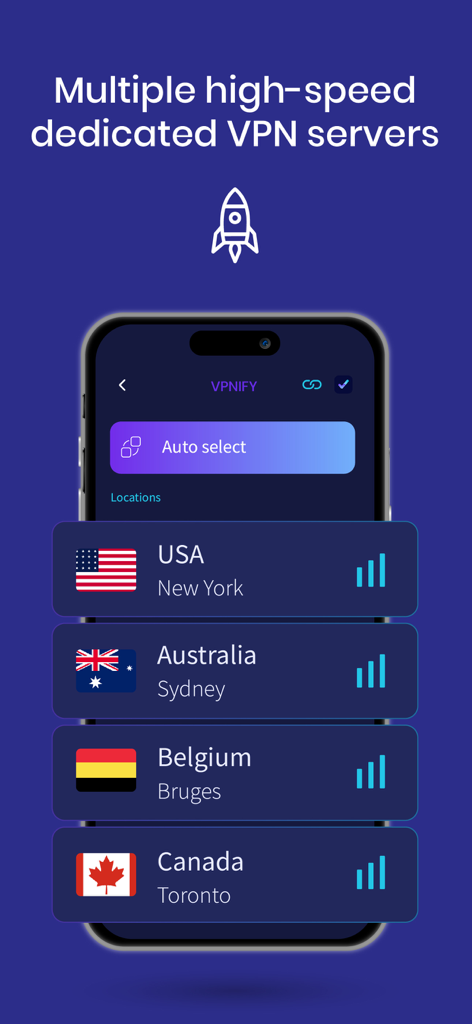 Interface showing multiple high speed dedicated VPN servers for USA Australia Belgium and Canada