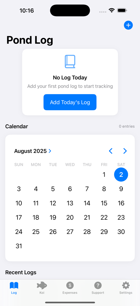 KoiAi - The KoiAi app Pond Log screen showing a monthly calendar for tracking daily pond health and maintenance activities.