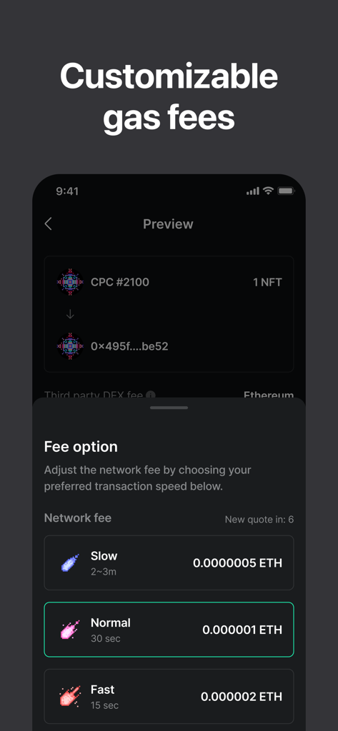 Credit Wallet: Crypto Wallet - Interfaz para seleccionar la velocidad de transacción y las tarifas de gas en la aplicación Credit Wallet.