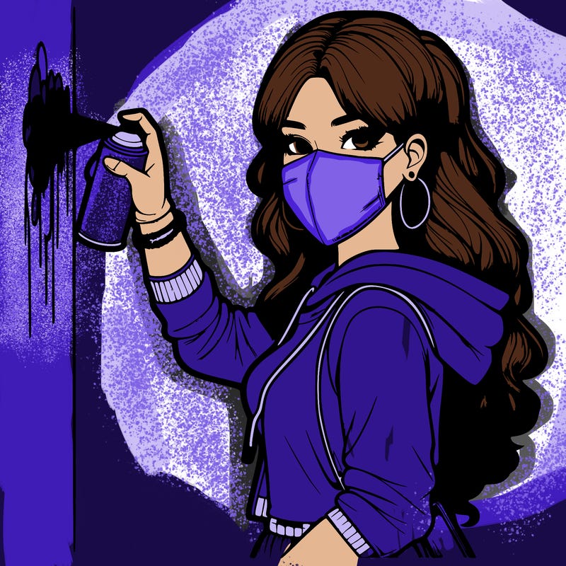 realistic girl with mask spray painting a wall