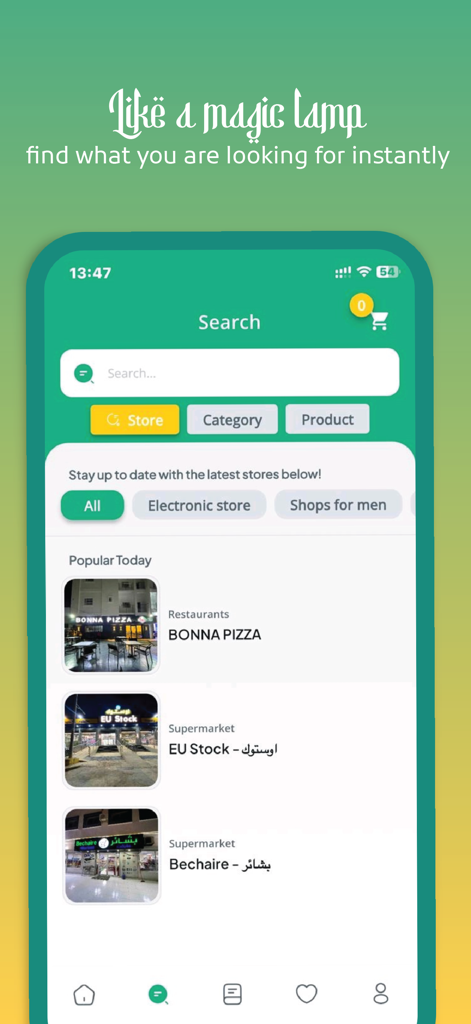 Jaavar Jak - Jaavar Jak shopping app search screen showing popular local stores and restaurants