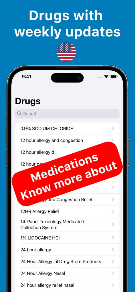 Drug Guide & Medication - Una interfaz de aplicación móvil que muestra una lista de medicamentos y fármacos aprobados por la FDA con una barra de búsqueda y notificación de actualización semanal.