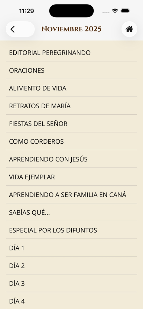 Peregrinemos - Menú principal de la aplicación Peregrinemos que muestra el índice de contenidos de noviembre de 2025, incluyendo oraciones y lecturas diarias.