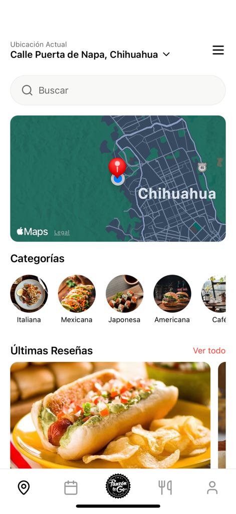 Panzon To Go - Pantalla de inicio de la aplicación Panzon To Go con categorías de comida y mapa de restaurantes de Chihuahua