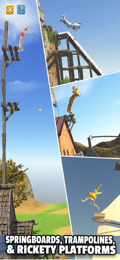 Flip Diving - Collage von Charakteren, die im Spiel Flip Diving Sprünge von verschiedenen Plattformen ausführen.