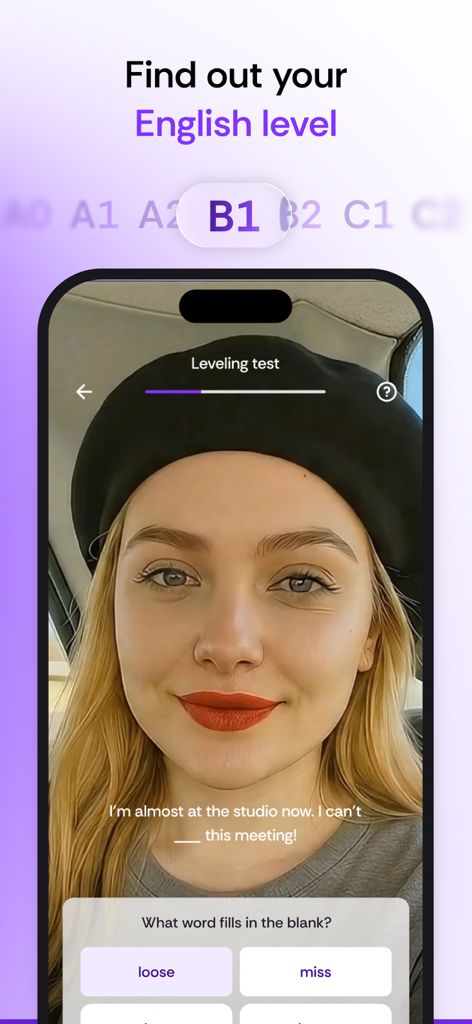 BeConfident: learn English - Interface de l'application mobile BeConfident pour un test de niveau de langue anglaise