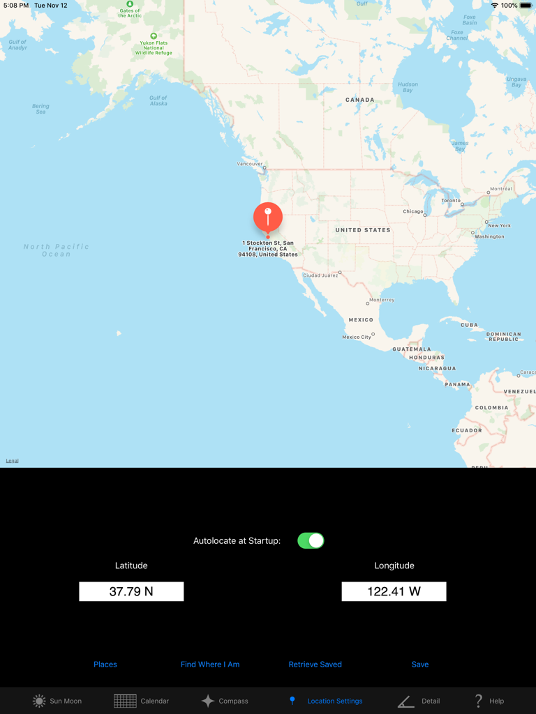 Sun n Moon for iPad - Interface of Sun n Moon for iPad showing a map with a location pin in San Francisco and latitude and longitude coordinates.