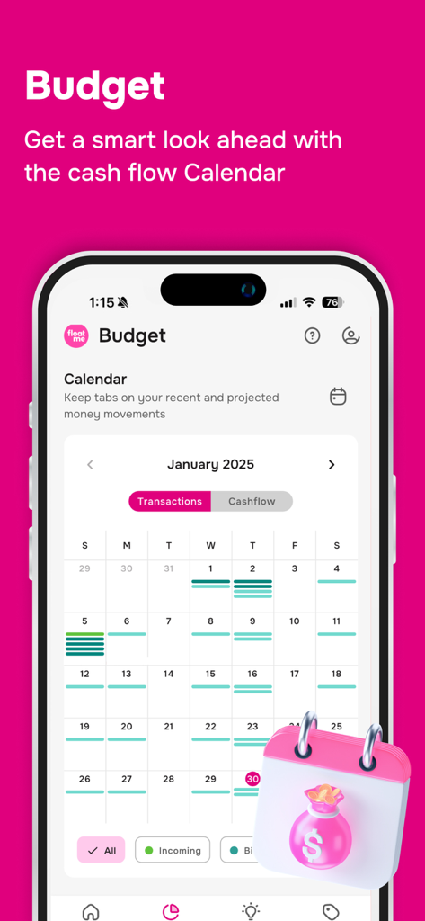 FloatMe: Easy Cash Advances - 스마트 예산을 위한 현금 흐름 달력을 보여주는 FloatMe 앱 스크린샷