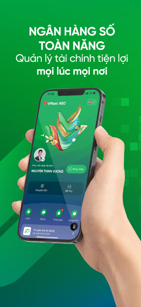 VPBank NEO - Eine Hand hält ein Smartphone, das den Startbildschirm der VPBank NEO Digitalbanking-App anzeigt