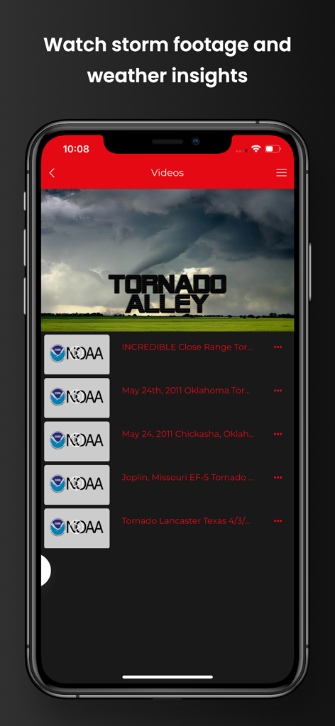 Sección de videos de la aplicación Tornado Alley que muestra imágenes de tormentas y perspectivas meteorológicas