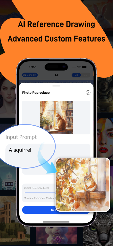 AI Art Generator Image - A smartphone displaying the AI Art Generator app with the photo reproduce feature transforming a reference image into a new AI artwork.