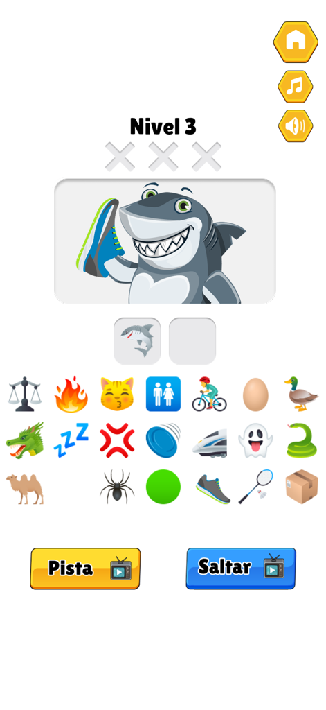 Guess the Emojis - Memes Quiz - 漫画のサメがスニーカーを持っているモバイルゲーム画面と、絵文字選択グリッド。
