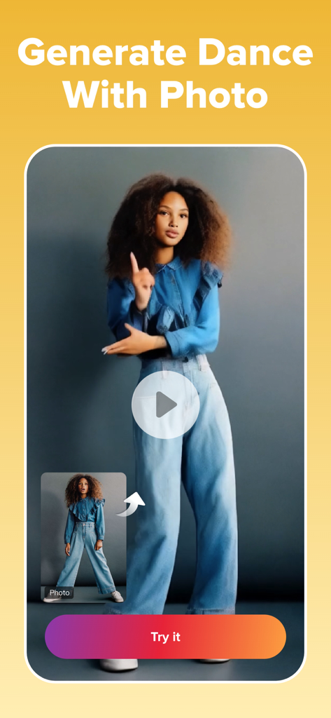 GoPhoto:AI Photo & Video Maker - Interface of GoPhoto app showing how to generate an AI dance video from a static portrait photo.