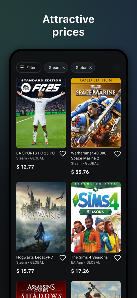G2A Mobile App-Oberfläche mit attraktiven Preisen für digitale Videospiele wie EA Sports FC 25 und Warhammer 40000.